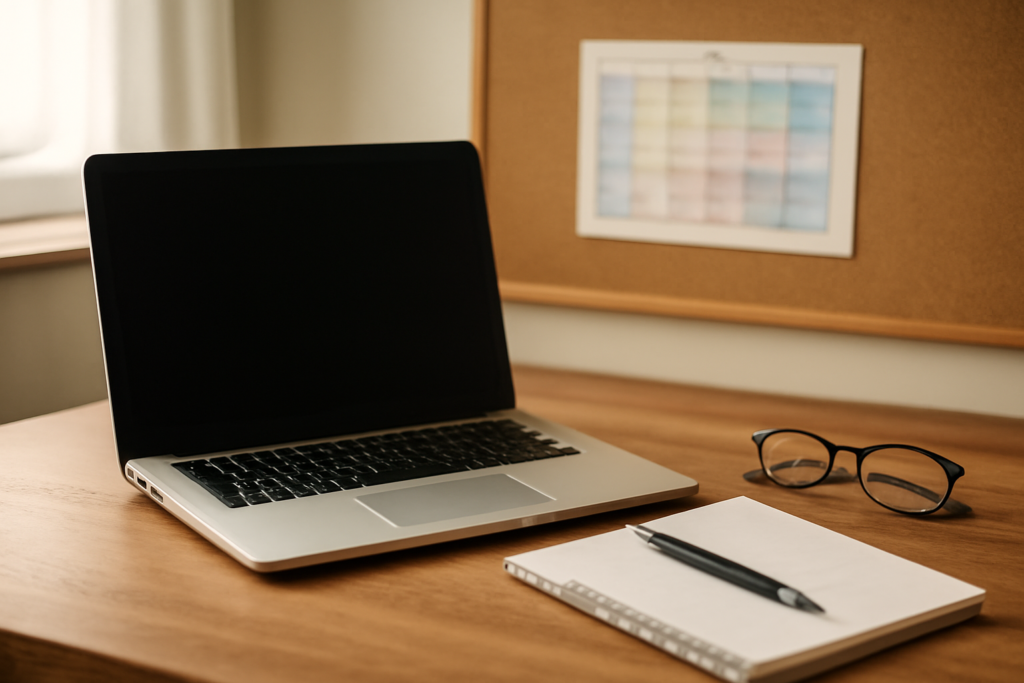 Laptop siswa di meja belajar dengan buku catatan dan jadwal pelajaran