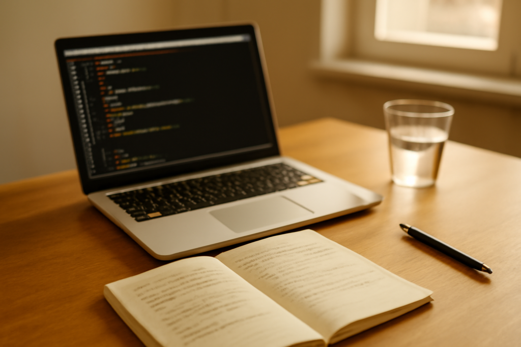 Meja belajar siswa dengan laptop terbuka menampilkan editor kode dan catatan tulisan tangan