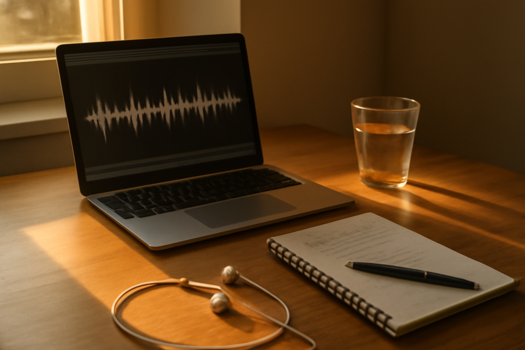 Laptop menampilkan gelombang audio rekaman kuliah dengan buku catatan berisi poin penting di sampingnya