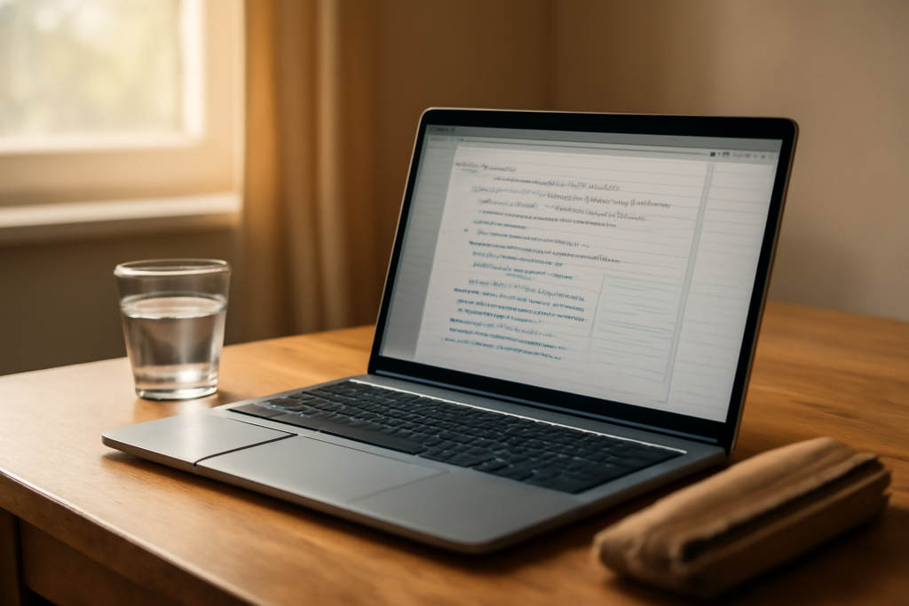 Laptop di atas meja belajar dengan catatan digital yang rapi dan alat tulis