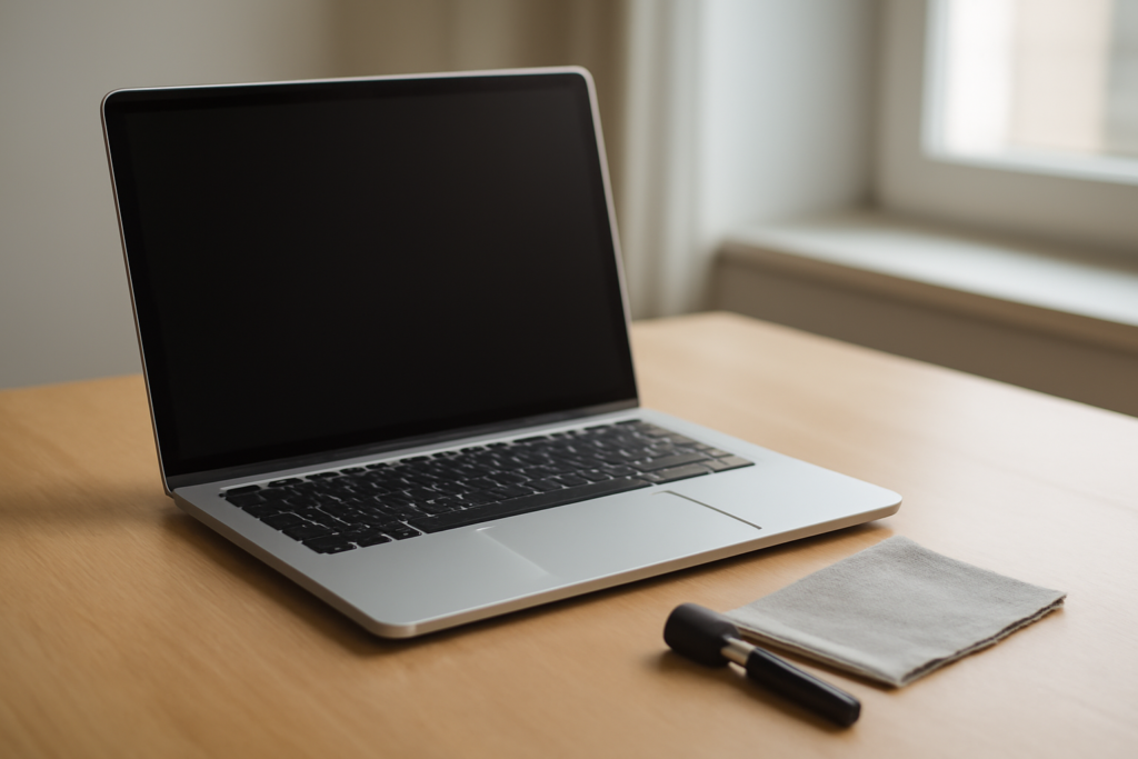 Laptop siswa di atas meja kayu dengan kain mikrofiber untuk membersihkan layar