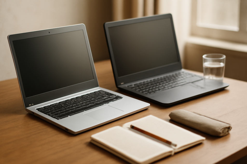 Dua laptop di meja belajar untuk perbandingan Chromebook dan laptop Windows bagi siswa