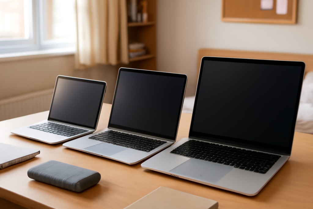 Tiga laptop ukuran berbeda berjajar di meja belajar sebagai perbandingan laptop murah untuk siswa