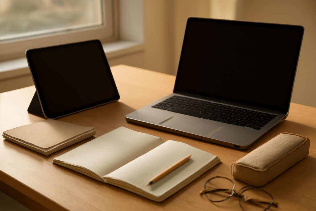 Tablet dan laptop di atas meja belajar siswa sebagai bahan perbandingan