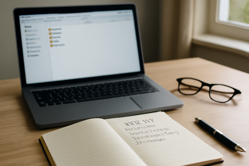 Meja belajar dengan laptop terbuka menampilkan folder file yang rapi dan buku catatan daftar tugas